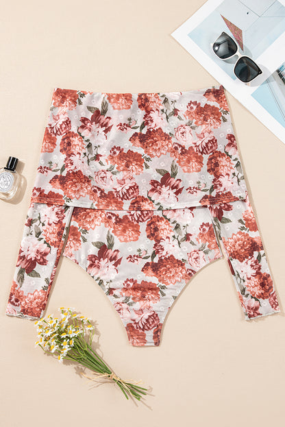 Pink Floral Printed Long Sleeve Sheath Bodysuit