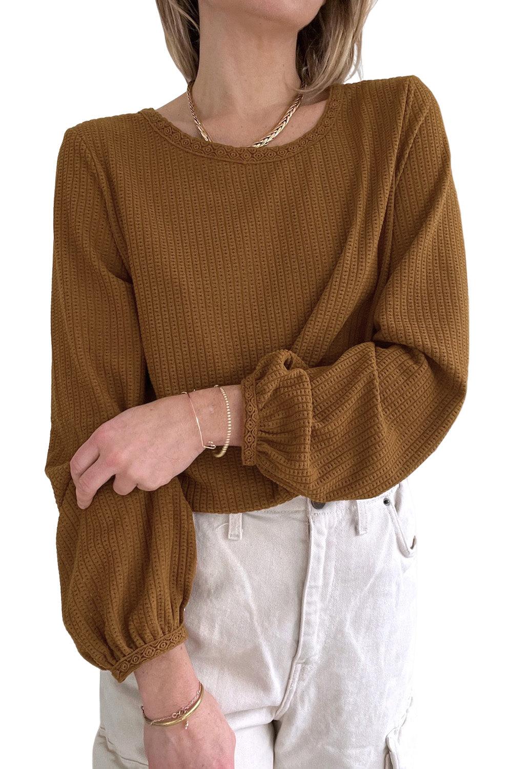 Brown Textured Round Neck Puff Sleeve Top - L & M Kee, LLC