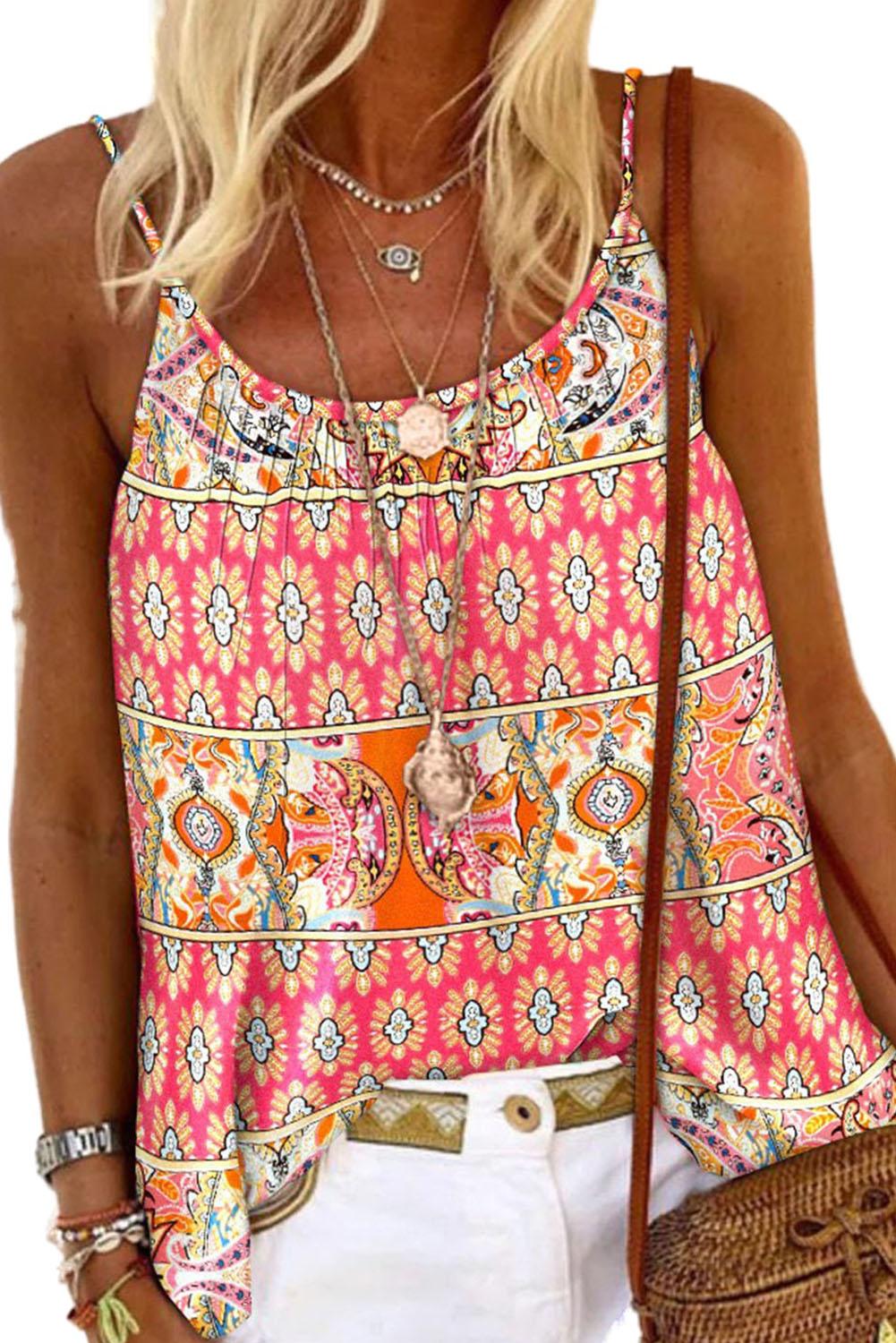 Bohemian Print Spaghetti Strap Flowy Tank Top - L & M Kee, LLC