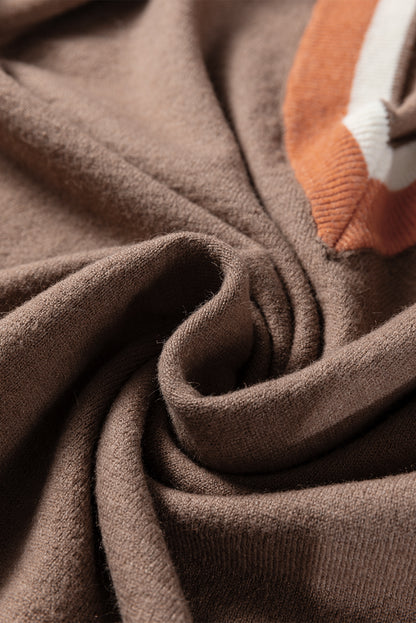 Dark Khaki Contrast Striped Trim V Neck Varsity Sweater