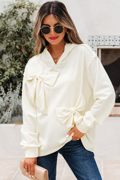 White Solid Color Cute Bow Detail Loose Hoodie