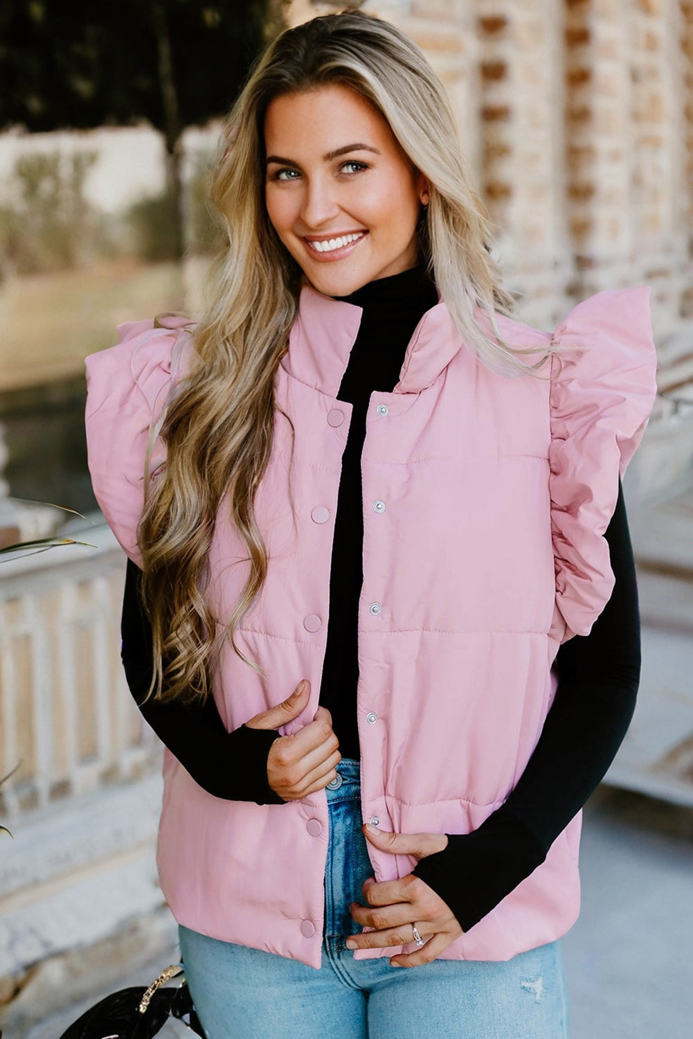 Pink Stand Neck Flutter Sleeve Snap Button Puffer Vest