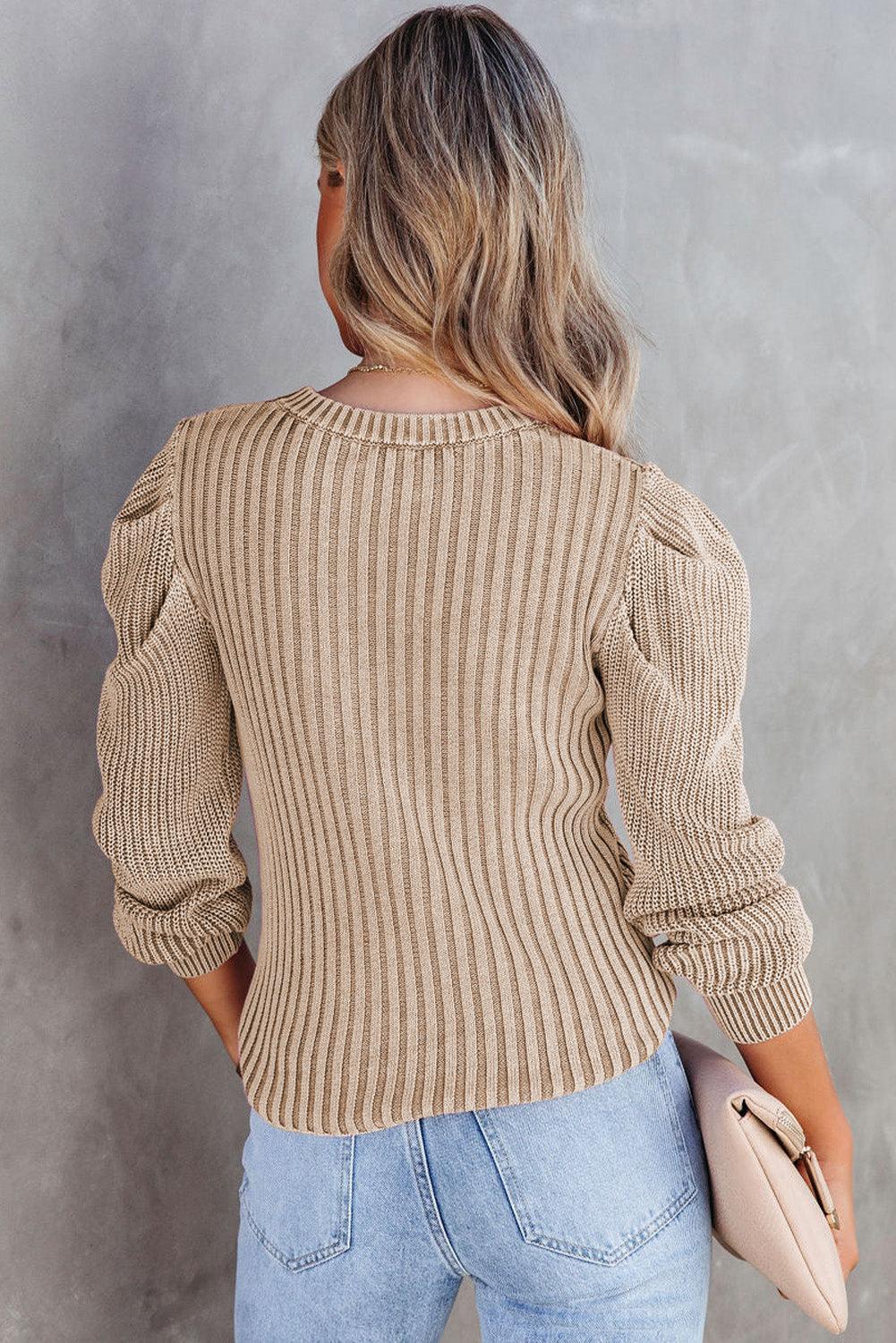 Apricot Cable Ribbed Knit Mix Pattern Puff Sleeve Sweater - L & M Kee, LLC