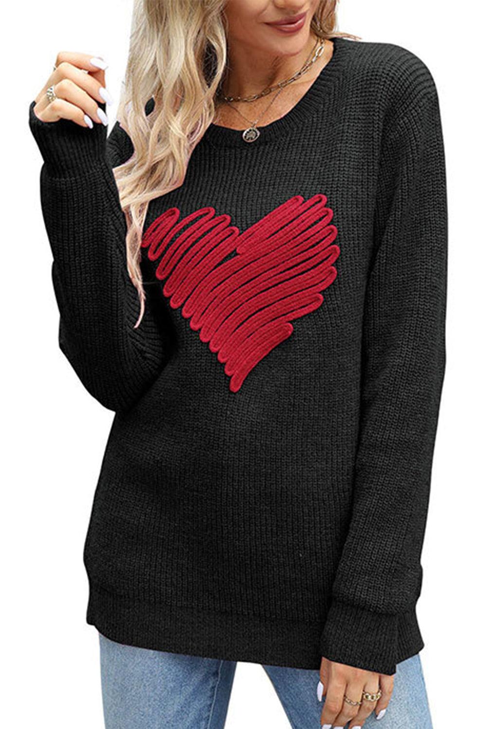 Black Valentines Heart Sketch Round Neck Sweater - L & M Kee, LLC