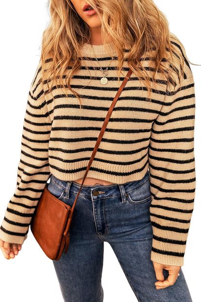 Light French Beige Striped Knit Drop Shoulder Crewneck Cropped Sweater - L & M Kee, LLC