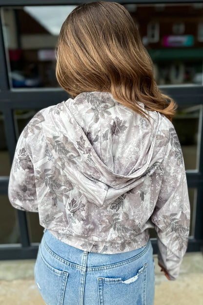 Gray Camo Leaf Print Kangaroo Pocket Quarter Zip Hoodie