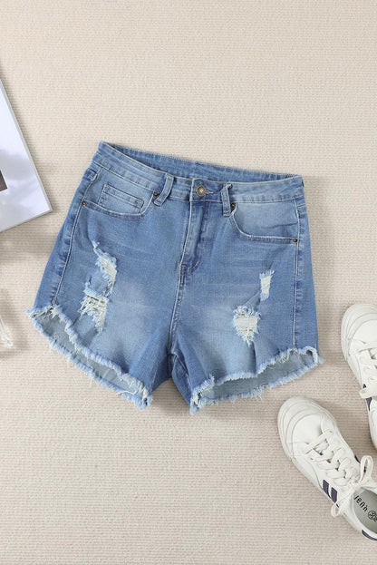 Dark Blue Frayed Hem Denim Shorts - L & M Kee, LLC