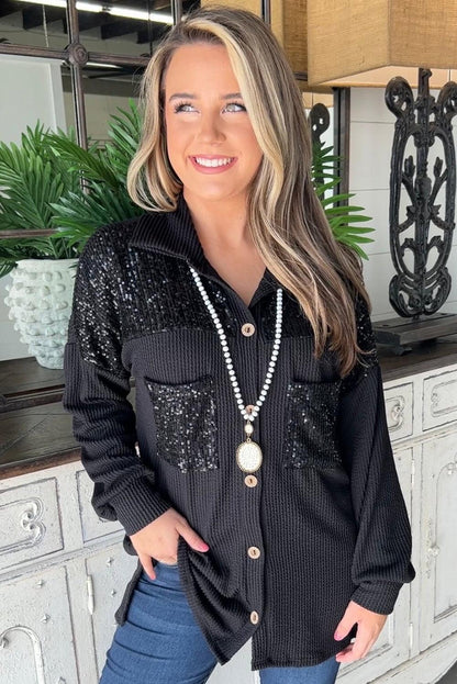 Parchment Sequin Patch Chest Pocket Corded Shacket - L & M Kee, LLC