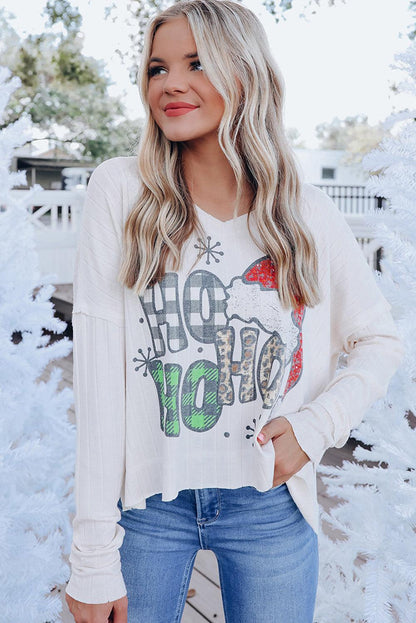 White HOHOHO Christmas Graphic Wide Rib Long Sleeve Top - L & M Kee, LLC