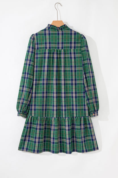 Green Plaid Print Frilly Collar Long Sleeve Shift Mini Dress