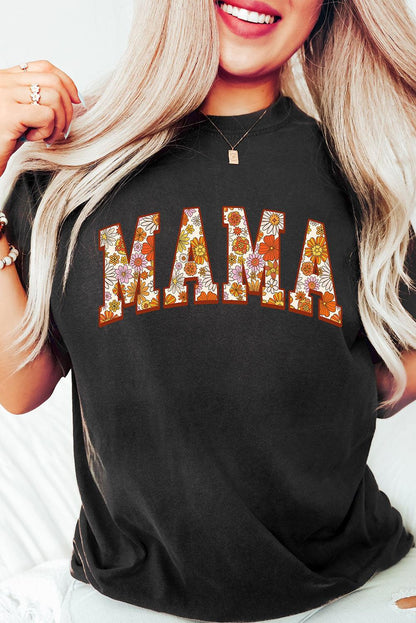 Black Flower Printed MAMA Letter Graphic T-shirt - L & M Kee, LLC