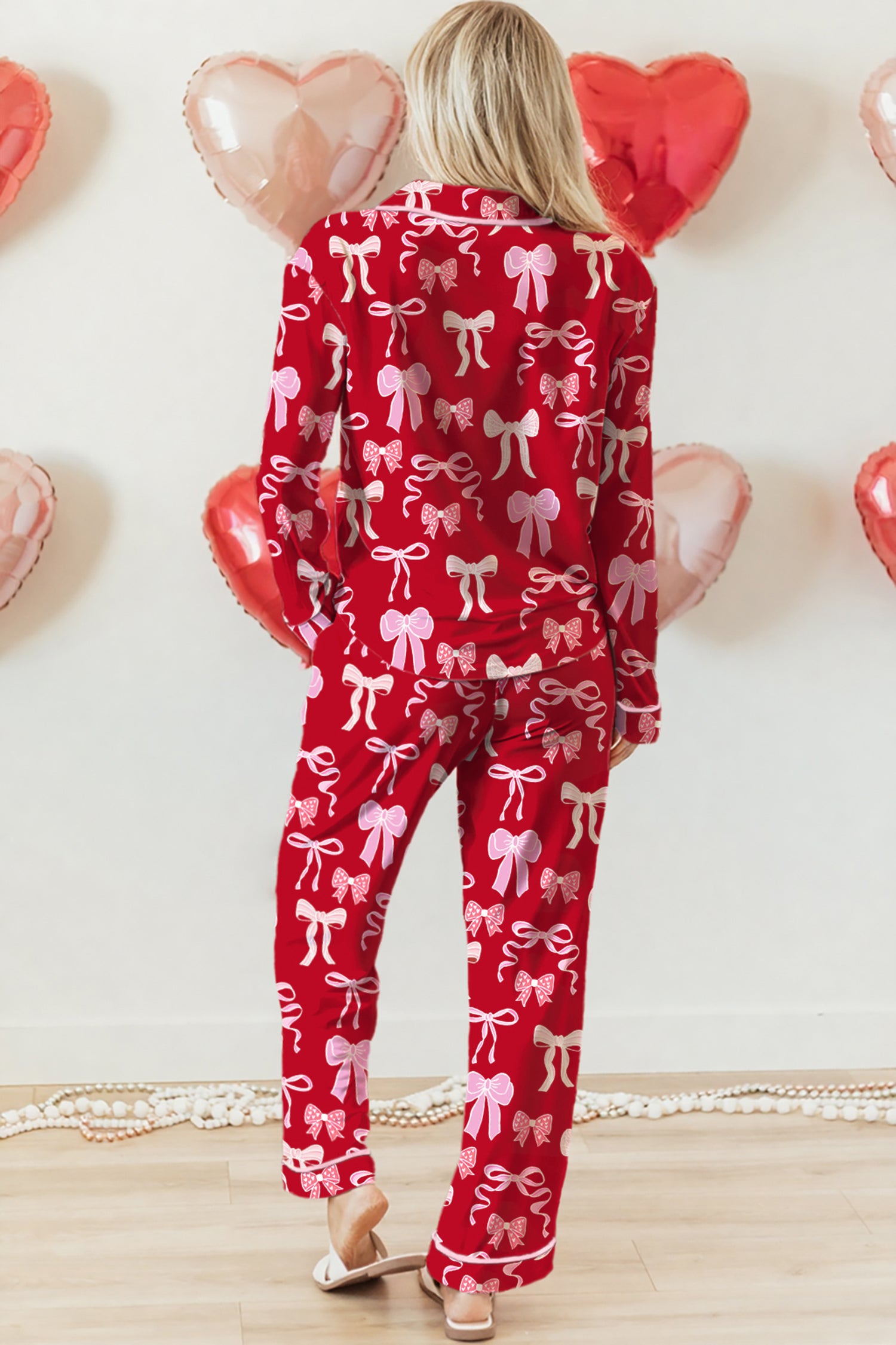 Red Sweet Bow Print Shirt Style Top Long 2pcs Pajama Set