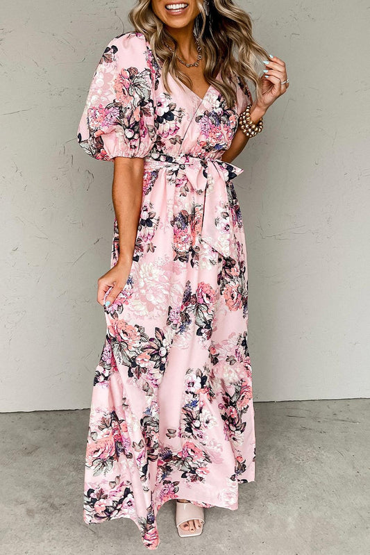 Floral Puff Sleeve High Waist Maxi Dress - L & M Kee, LLC