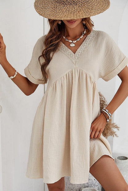 Beige Folded Short Sleeve Lace V Neck Mini Dress - L & M Kee, LLC