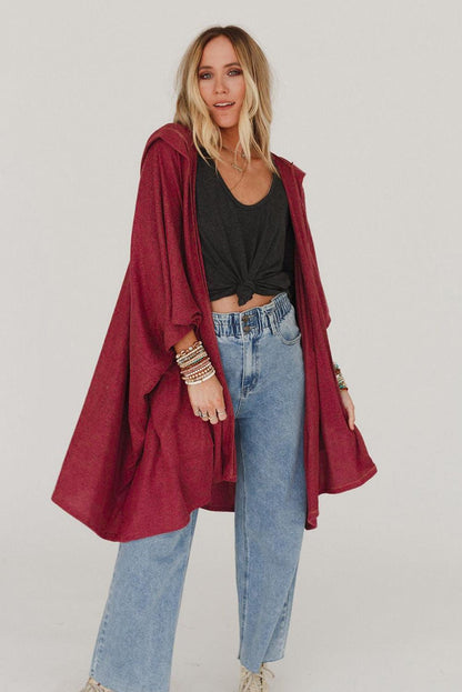 Red Bracelet Sleeve Pocketed Open Front Hooded Cardigan - L & M Kee, LLC