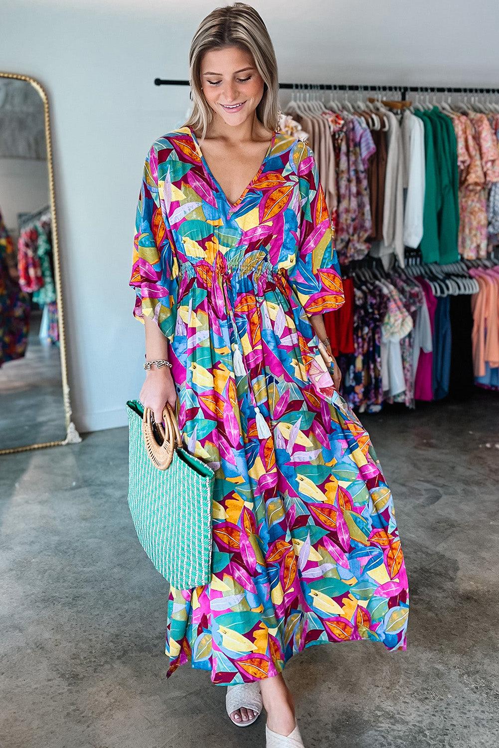 Multicolour Abstract Print High Waist V Neck Maxi Dress - L & M Kee, LLC