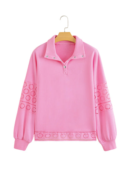 Yellow Cream Embroidered Flower Patchwork Snap Buttons Pullover Sweatshirt