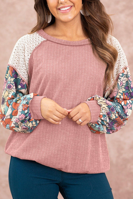 Rose Pink Floral Patchwork Puff Sleeve Textured Blouse - L & M Kee, LLC