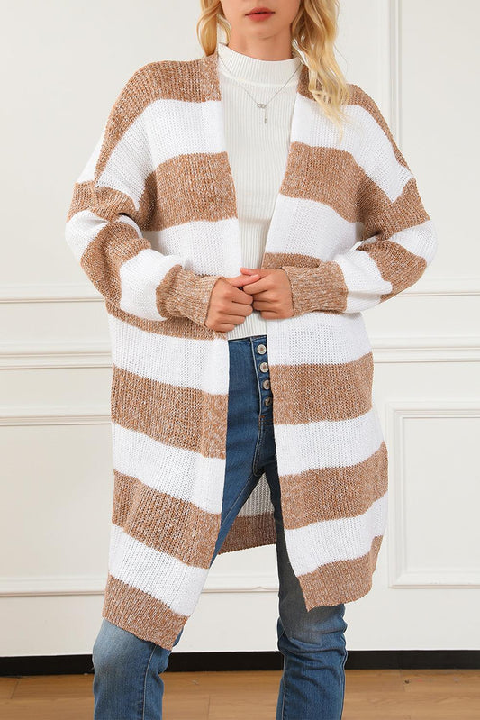 Khaki Striped Colorblock Rib Knit Bubble Sleeve Midi Cardigan - L & M Kee, LLC