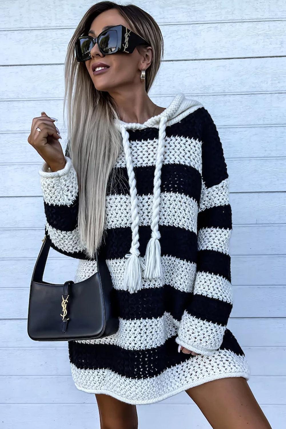 Black Striped Braided Tassel Hooded Sweater Dress - L & M Kee, LLC