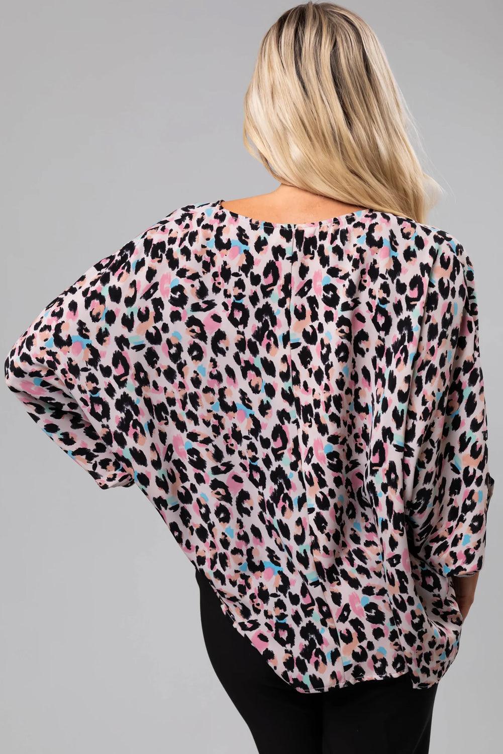 Brown Leopard Print V Neck Batwing Sleeve Plus Size Top - L & M Kee, LLC