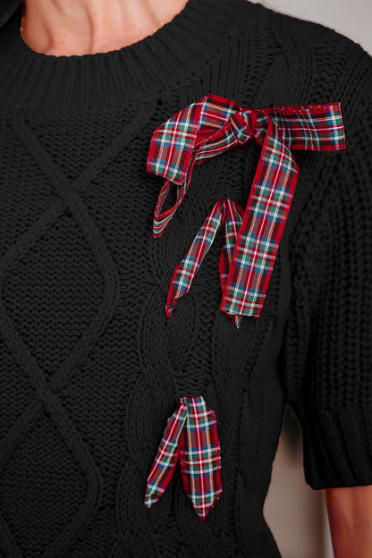 Black Plaid Lace up Detail Christmas Holiday Puff Short Sleeve Sweater