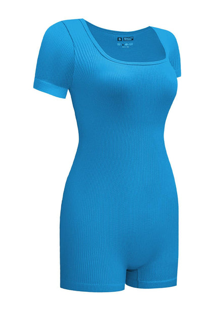 Sky Blue Ribbed Square Neck Short Sleeve Athleisure Romper - L & M Kee, LLC