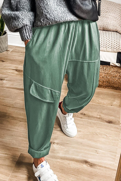 Mist Green Elastic Waist Cargo Pants - L & M Kee, LLC