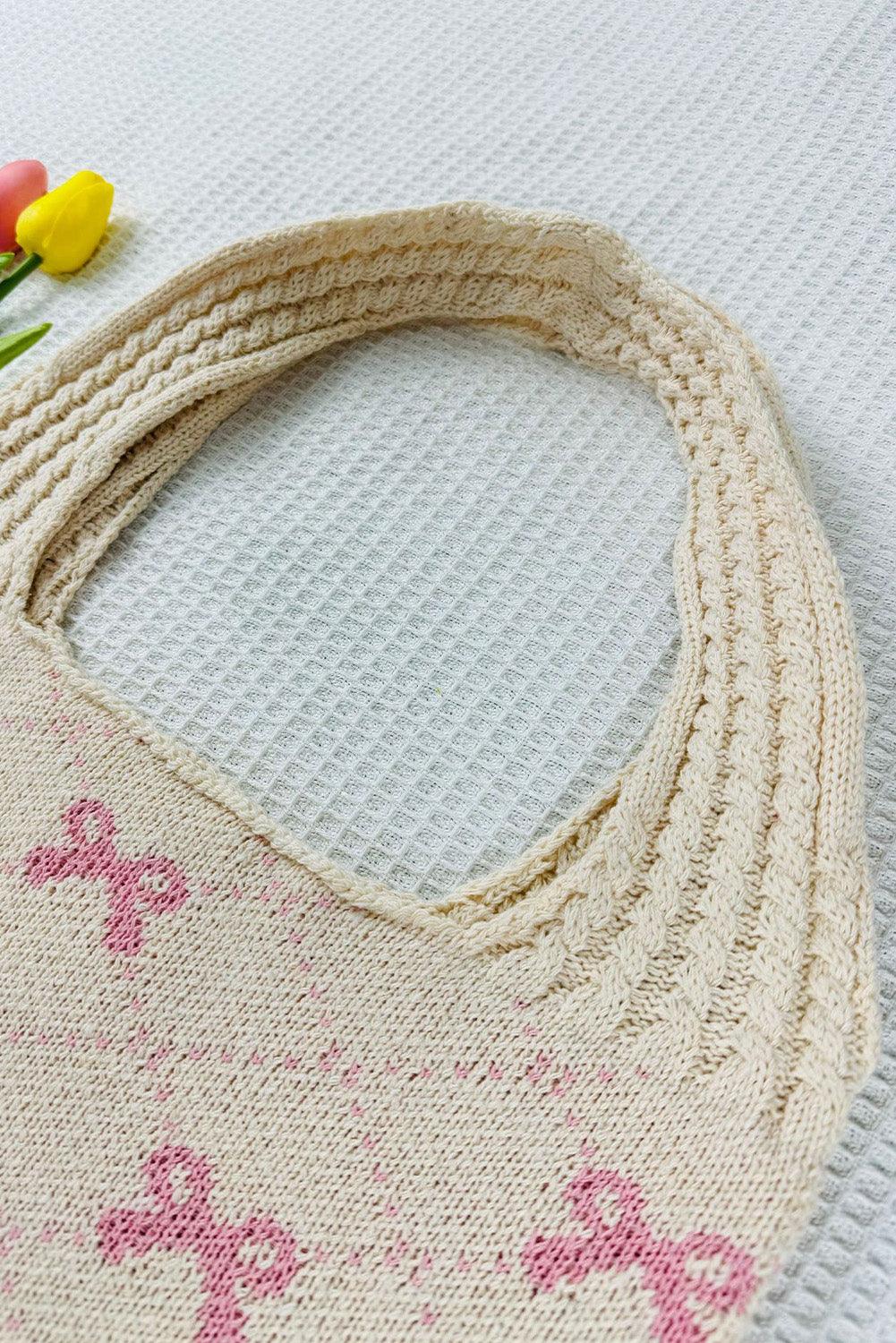 Beige Sweet Bowknot Textured Strap Knit Shoulder Bag
