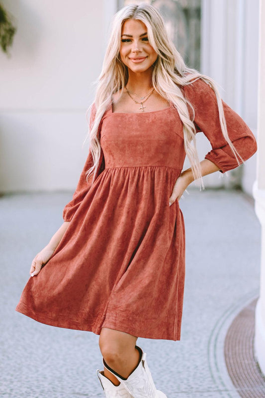 Brown Suede Square Neck Puff Sleeve Dress - L & M Kee, LLC