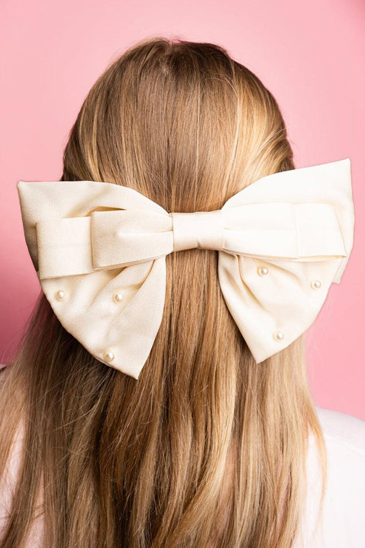 White Pearl Embellished Tiered Satin Bowknot Hair Clip - L & M Kee, LLC