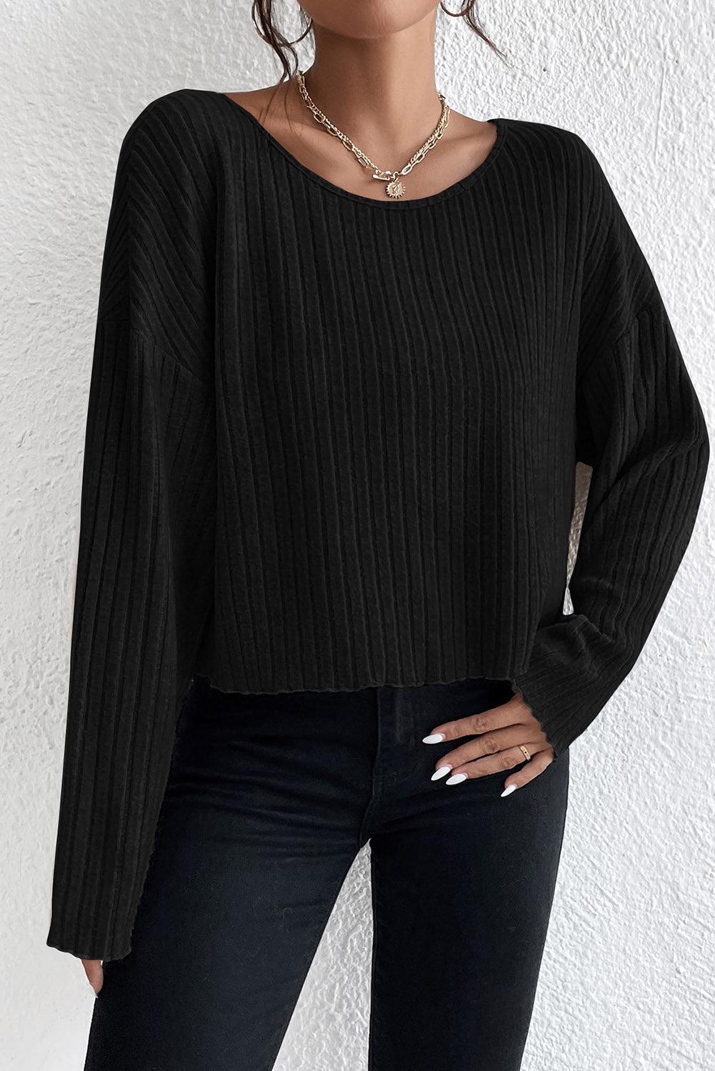 Black Lettuce Cuffs Drop Shoulder Loose Ribbed Knit Top - L & M Kee, LLC