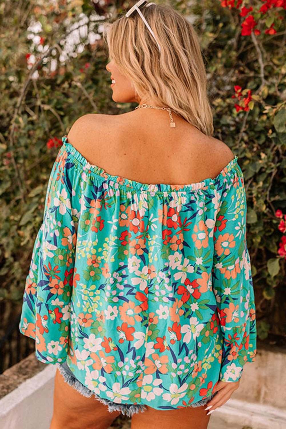 Green Floral Print Frilled Off Shoulder Plus Size Blouse - L & M Kee, LLC