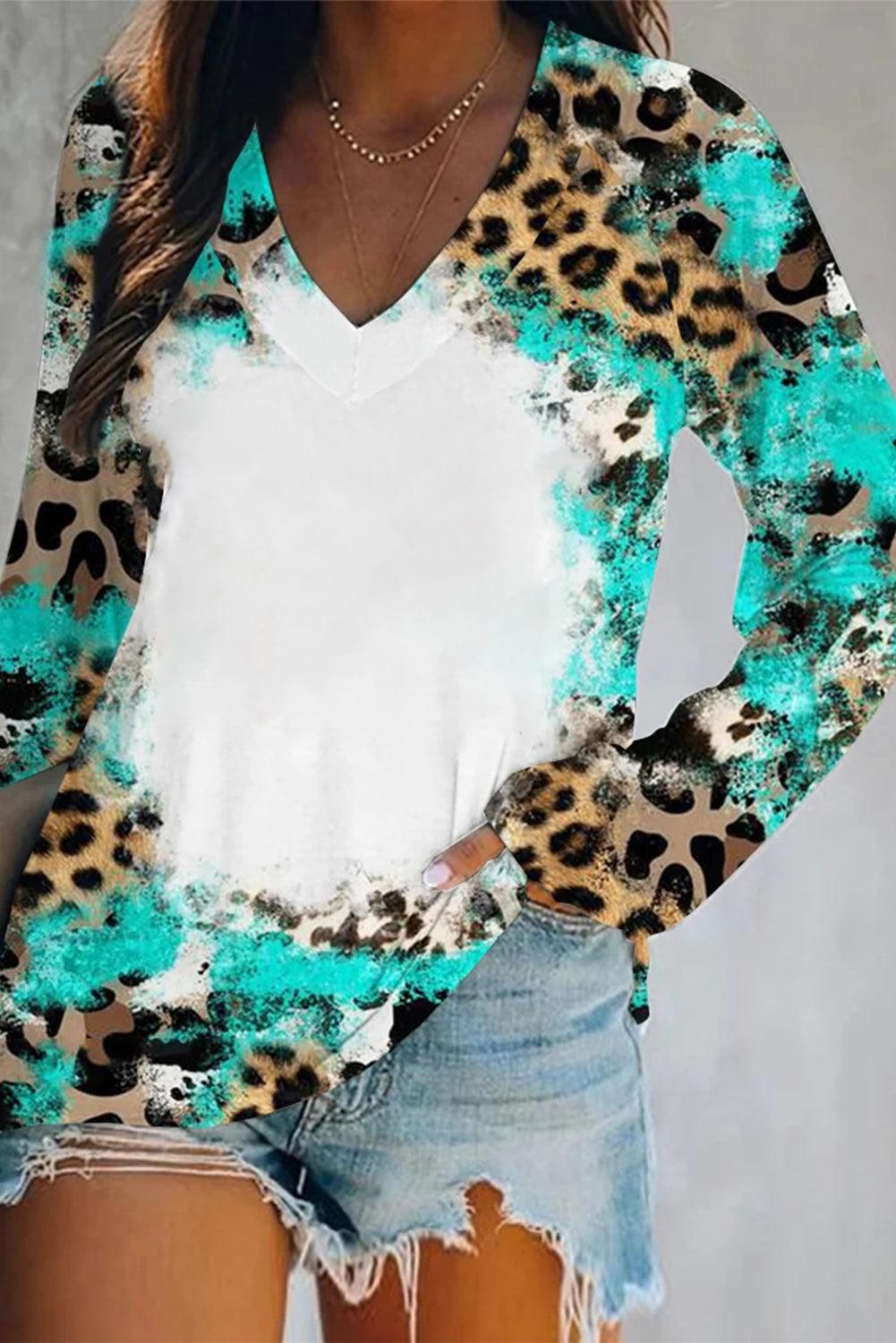 Light Blue Leopard Tie Dye Western Long Sleeve Top - L & M Kee, LLC