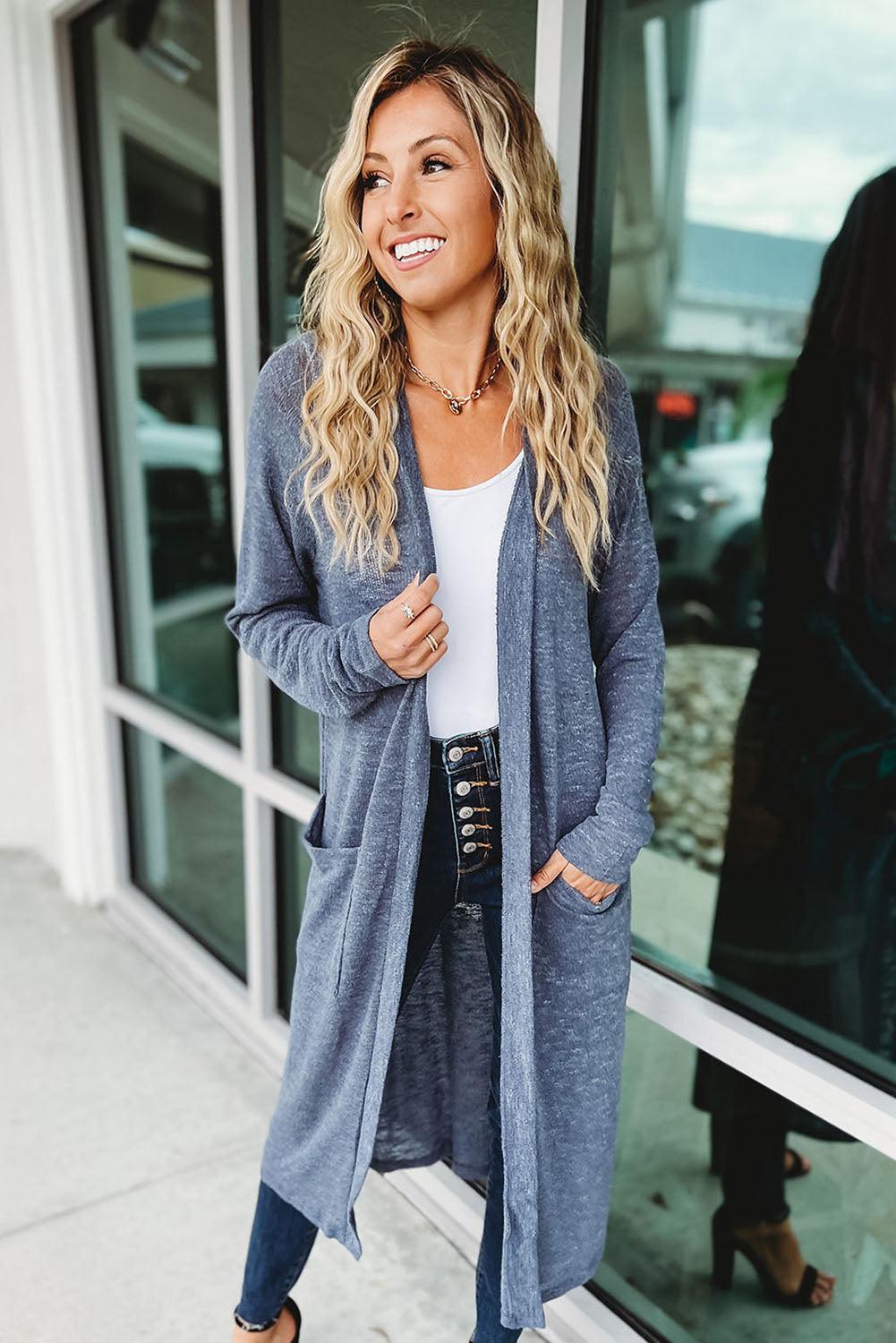 Blue Slub Knit Pocketed Open Front Maxi Cardigan - L & M Kee, LLC