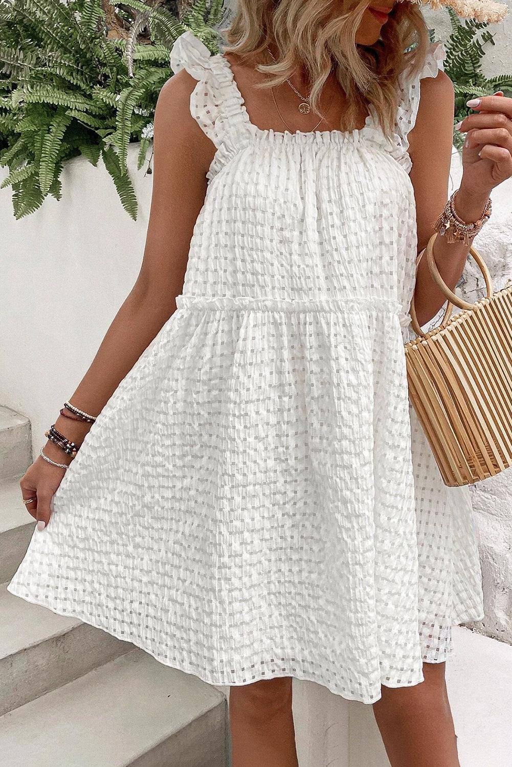 White Plaid Ruffled Straps Flowy Sleeveless Dress - L & M Kee, LLC