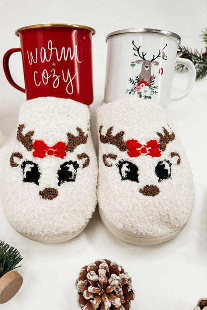 White Christmas Deer Home Indoor Plush Slippers - L & M Kee, LLC