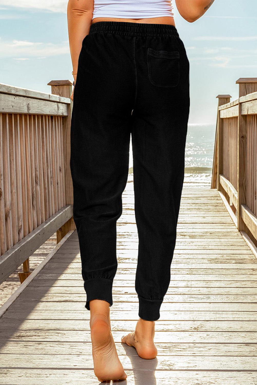 Black Elastic Waist Jogger Pants with Pockets - L & M Kee, LLC