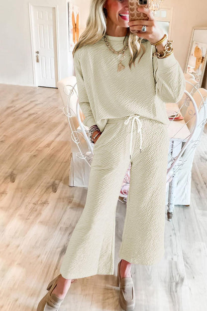 White Textured Long Sleeve Top Drawstring Pants Set - L & M Kee, LLC