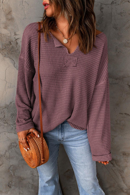 Dusk Blue Waffle Knit Loose Long Sleeve Top - L & M Kee, LLC