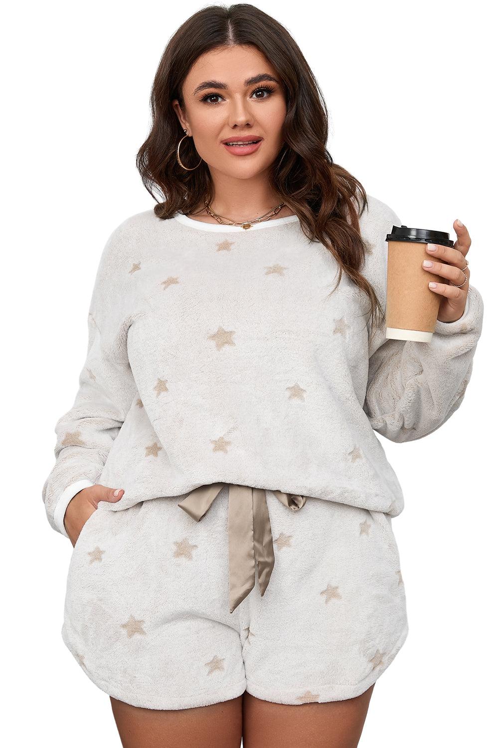 White Plush Star Pattern Long Sleeve Pullover and Shorts Lounge Set - L & M Kee, LLC