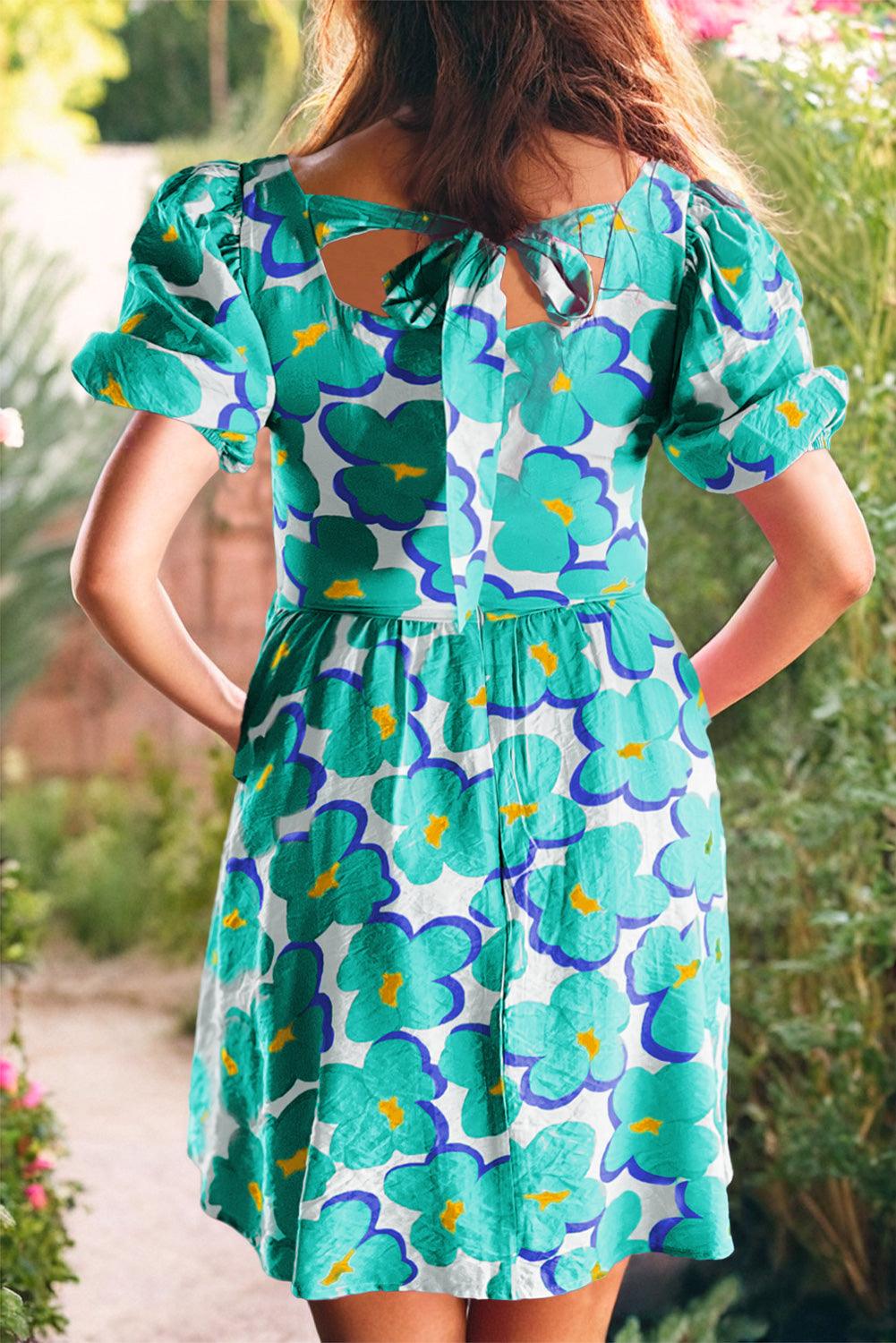 Green Floral Print Square Neck Empire Waist Flowy Dress - L & M Kee, LLC
