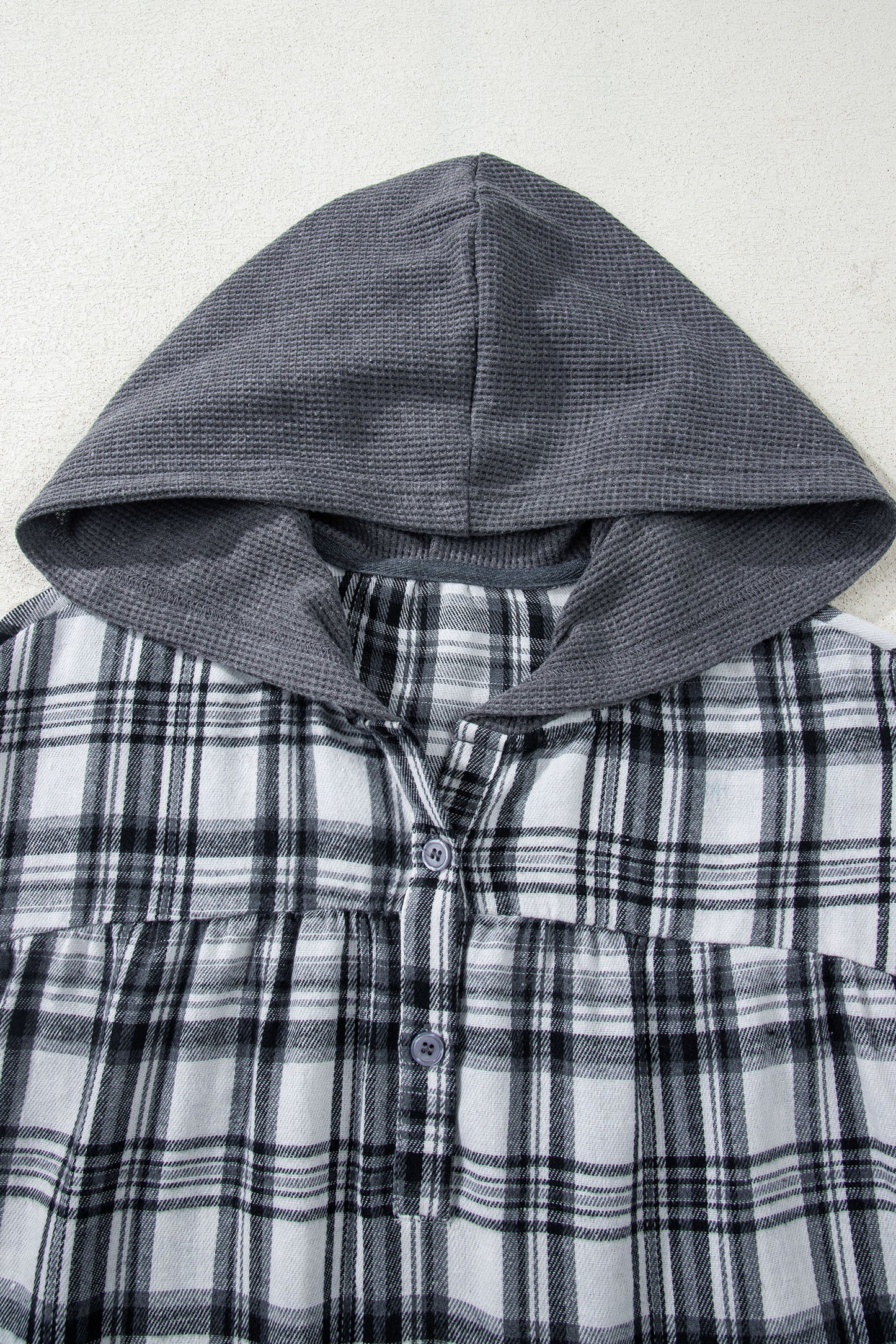 Gray Plaid Patchwork Long Sleeve Button Hooded Blouse