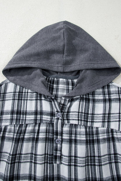 Gray Plaid Patchwork Long Sleeve Button Hooded Blouse