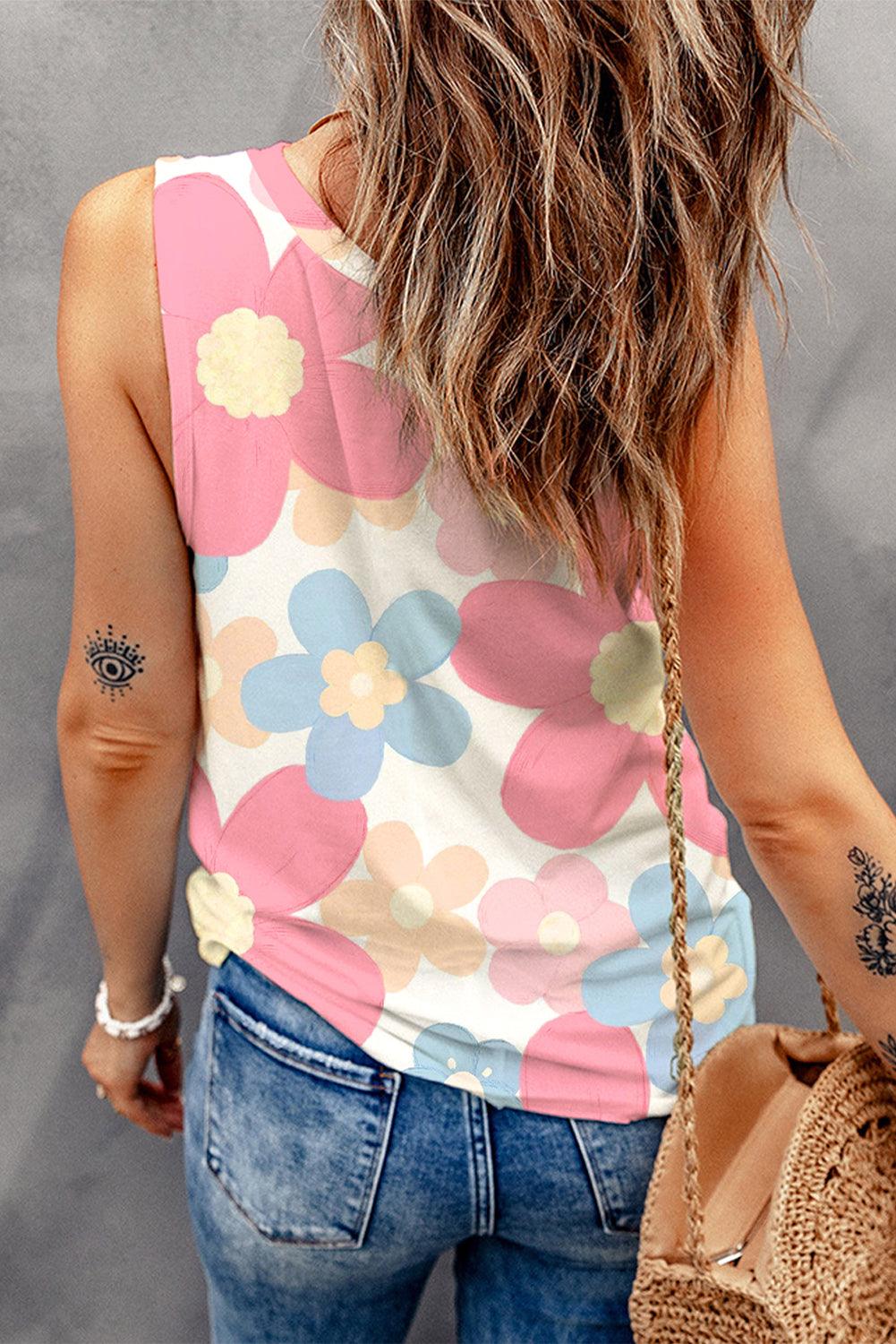 Pink Floral Print Round Neck Sleeveless Top - L & M Kee, LLC