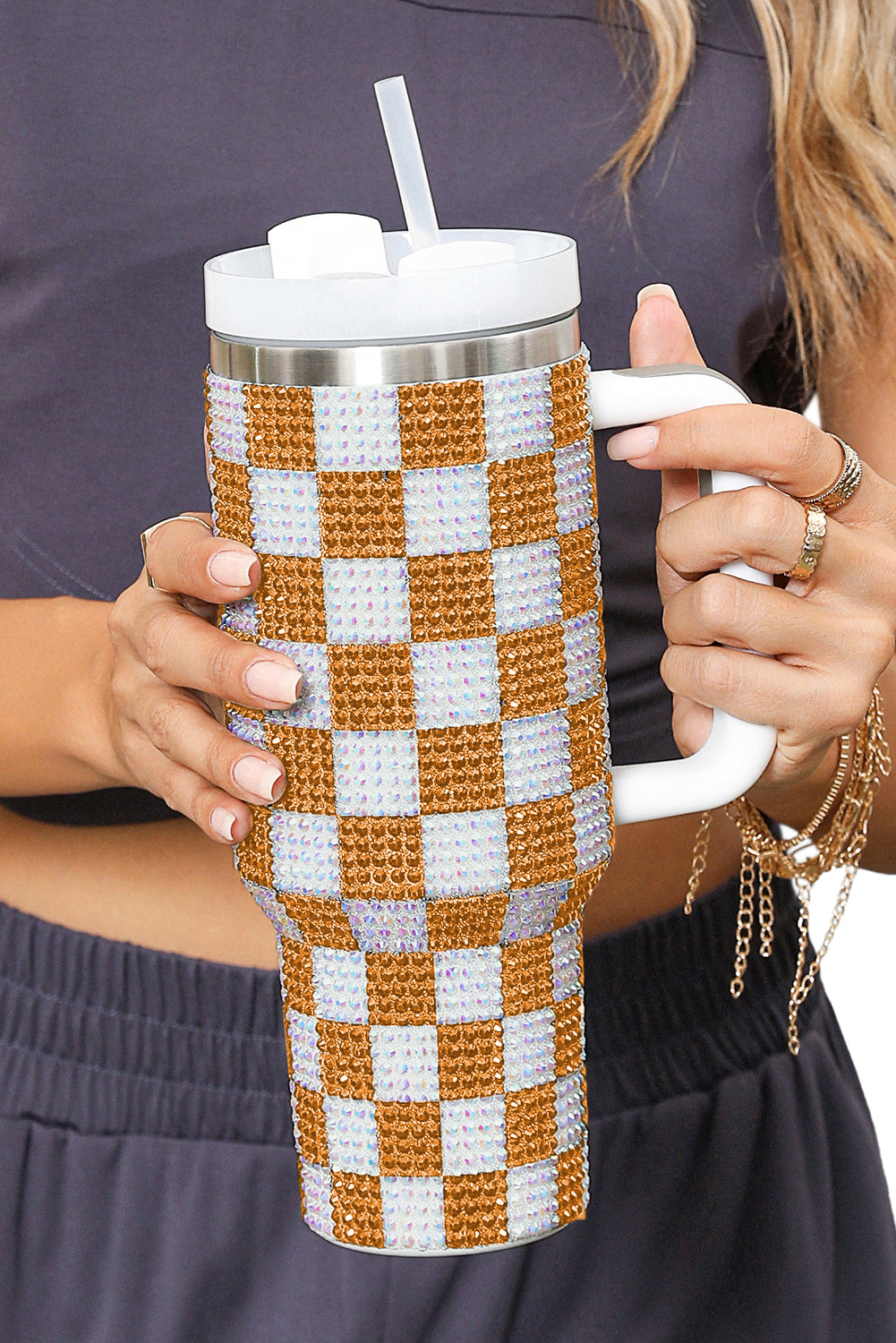 Blackish Green Full Rhinestone Checkerboard Handled Tumbler 40oz