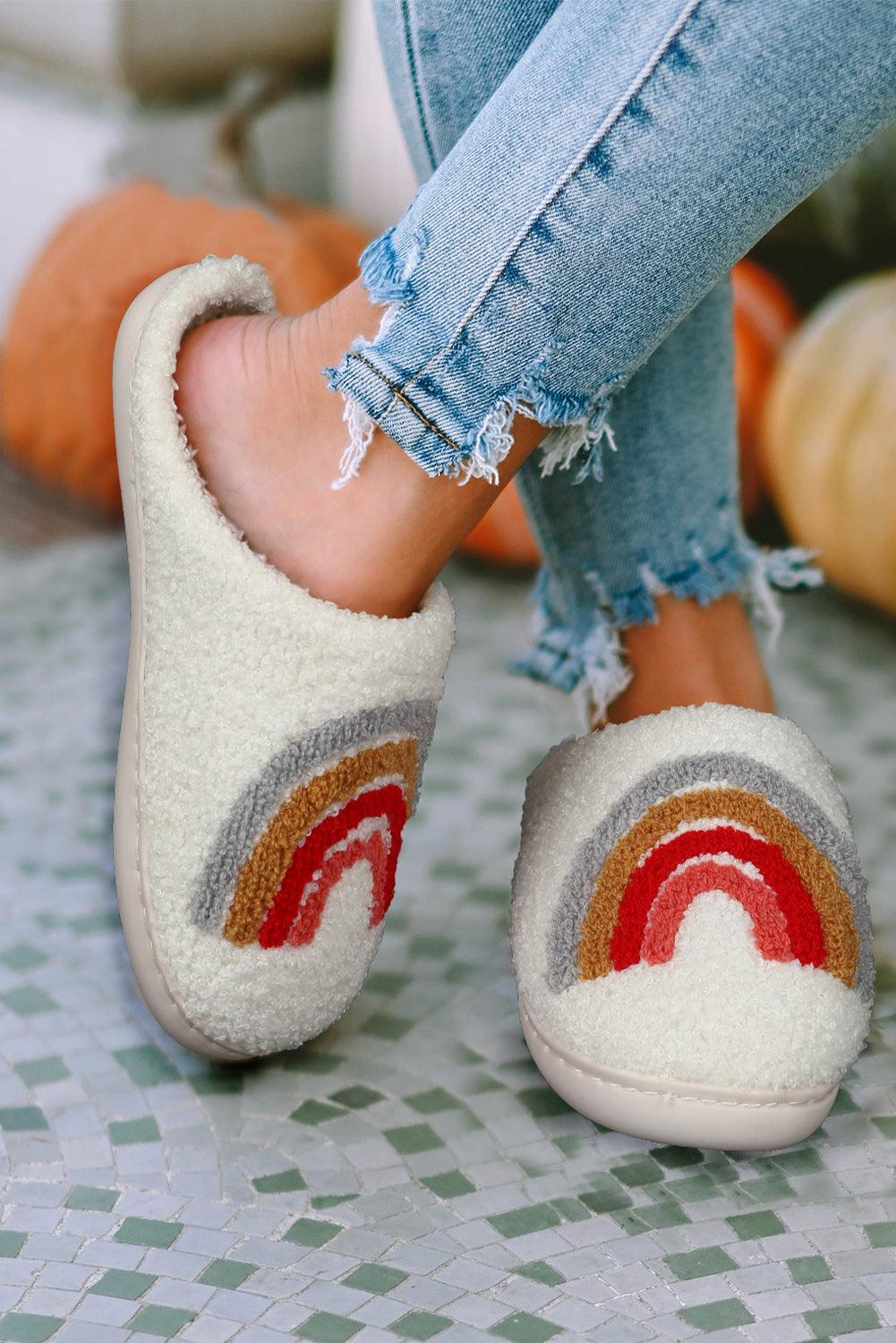 Bright White Rainbow Plush Winter Home Slippers - L & M Kee, LLC