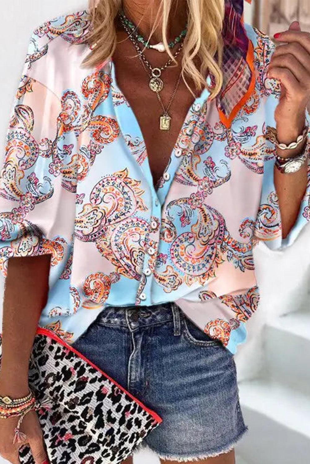 Boho Paisley Print Lantern Sleeve Button-Down Shirt - L & M Kee, LLC