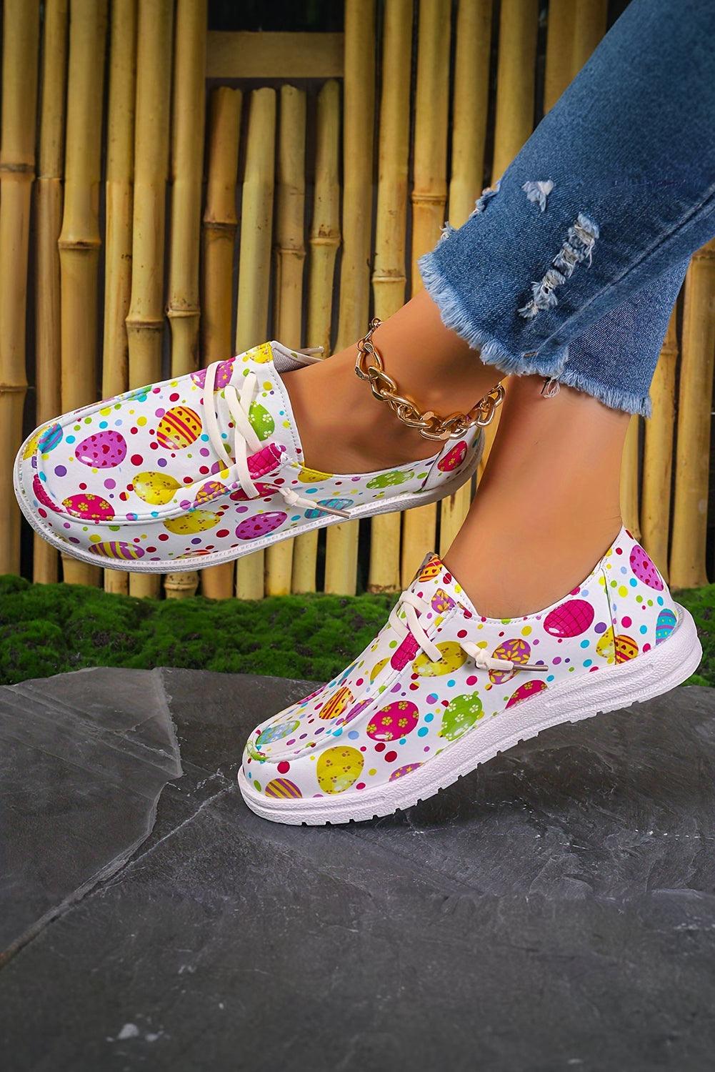 Easter Eggs Printed Square Toe Slip On Canvas Flats - L & M Kee, LLC