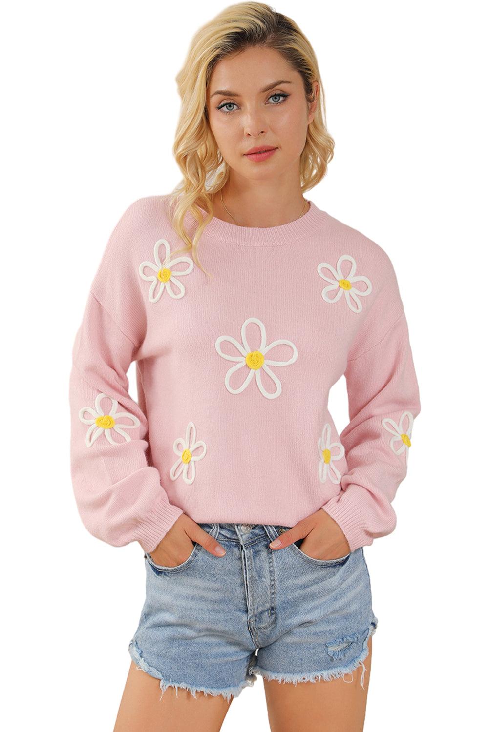 Pink Chenille Daisy Stitching Crew Neck Sweater - L & M Kee, LLC